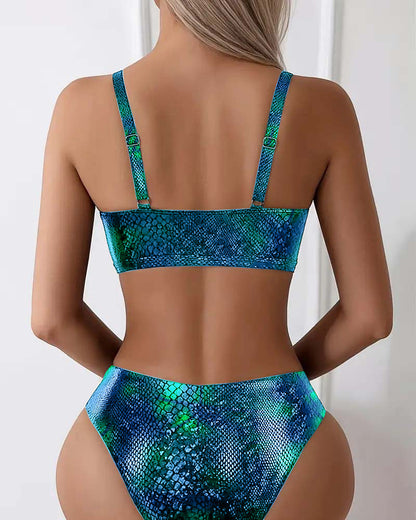Bikini z nadrukiem węża i wiązaniem na klatce piersiowej, wysokim stanem i trójkątem