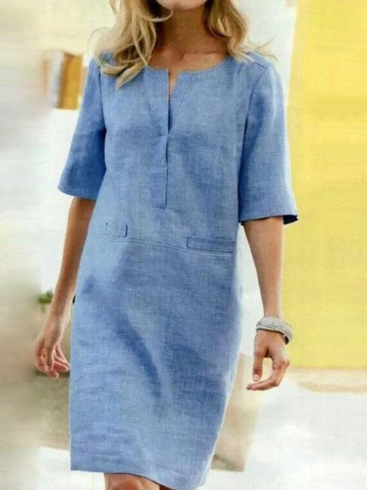 DIANNE | Elegancka Sukienka Damska z Bawełny i Lnu z Krótkim Rękawem