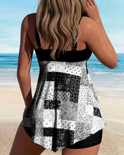 Tankini Dwuczęściowe Bokserki z Nadrukiem