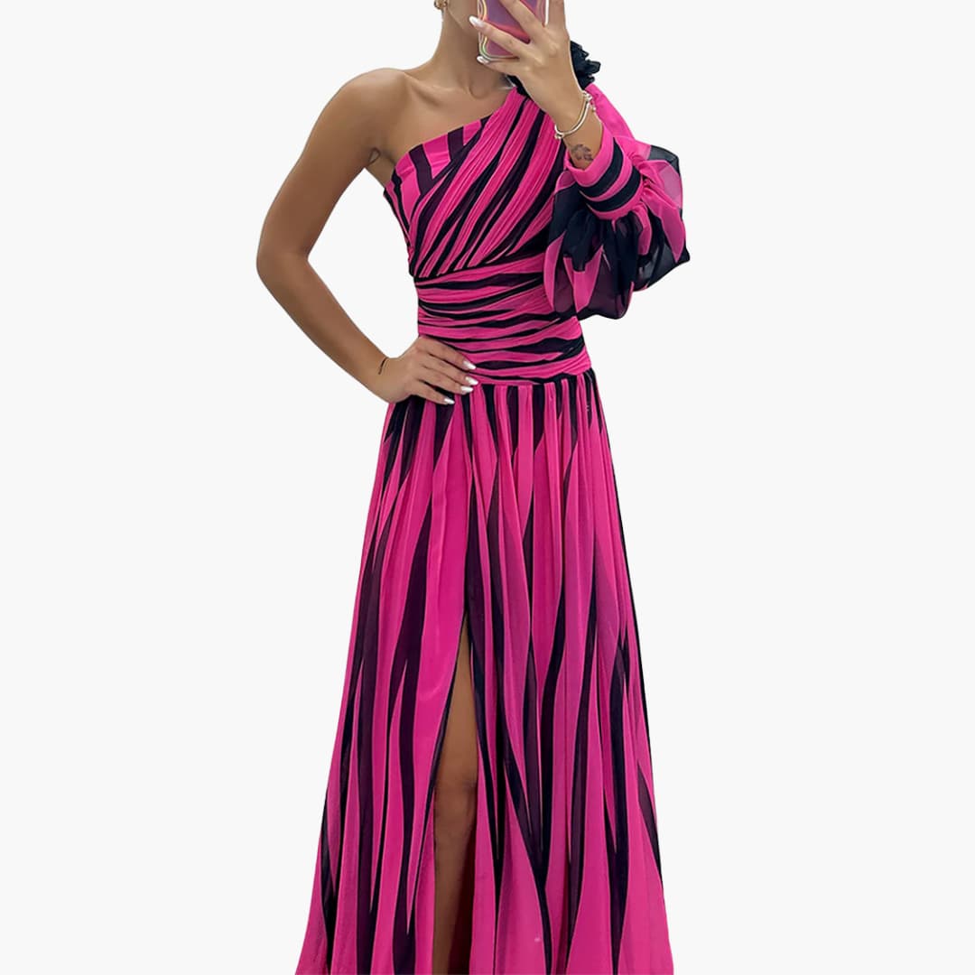 Carla – Elegancka Maxikleid z Jednym Ramiączkiem i Wzorem w Paski