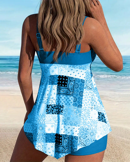Tankini Dwuczęściowe Bokserki z Nadrukiem