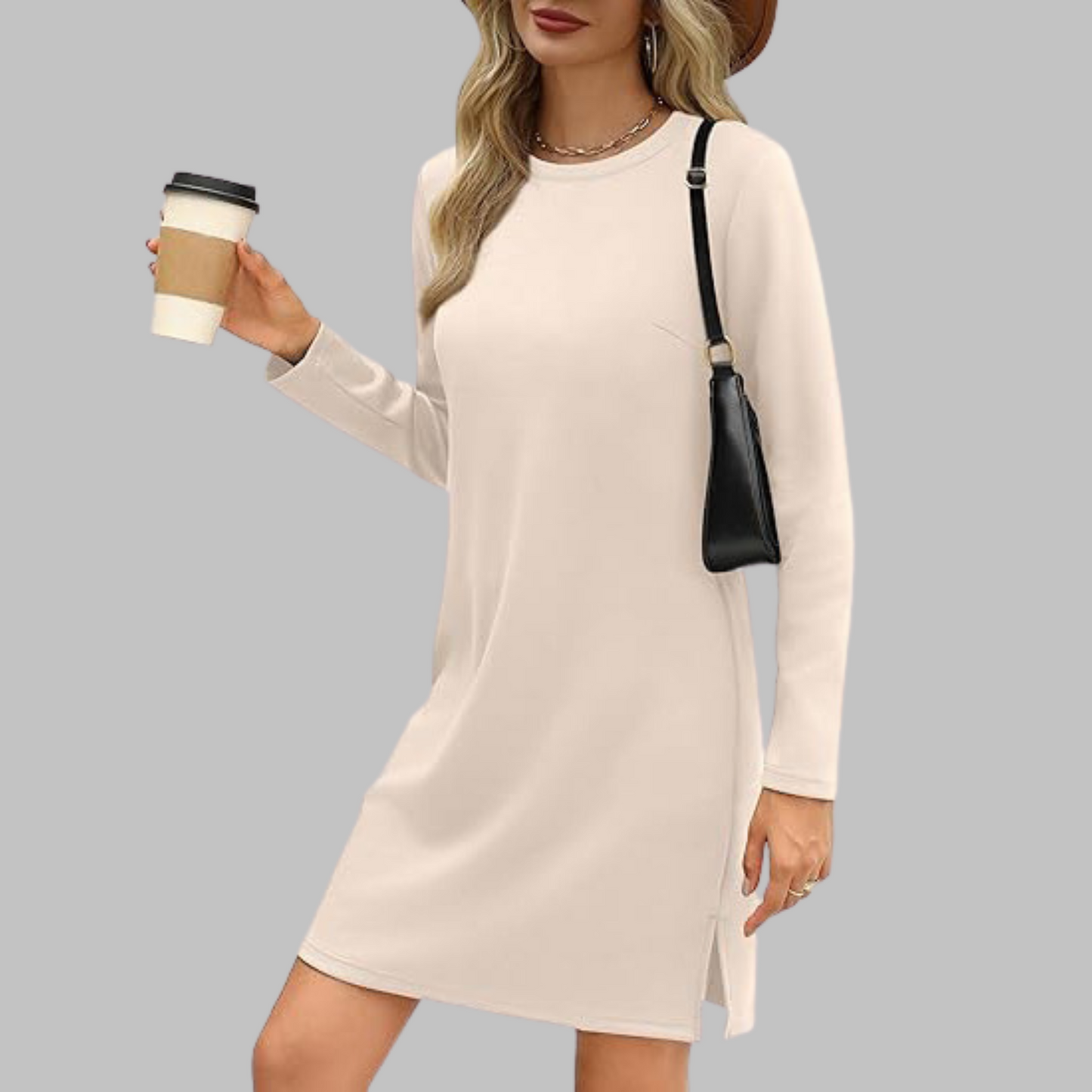 Tiana - Casual Sukienka Mini z Długim Rękawem i Okrągłym Dekoltem