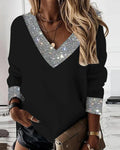 Casual top patchwork z błyszczącym dekoltem w serek