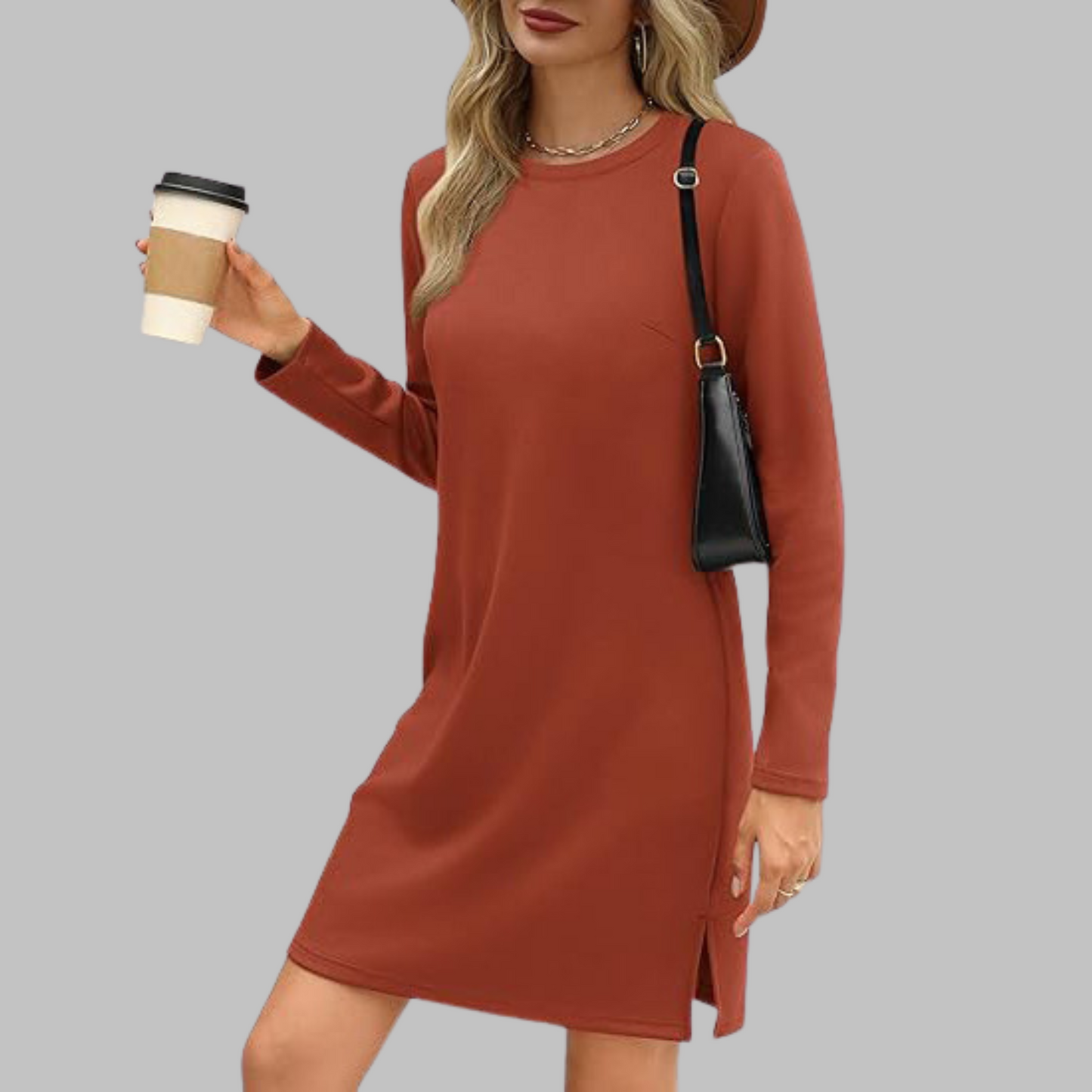 Tiana - Casual Sukienka Mini z Długim Rękawem i Okrągłym Dekoltem