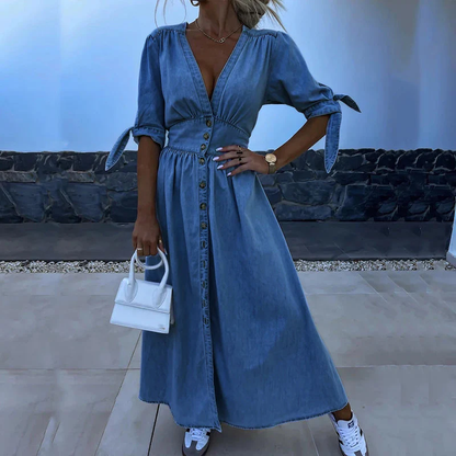 Sukienka maxi z denimu – Model na guziki z wiązanymi rękawami