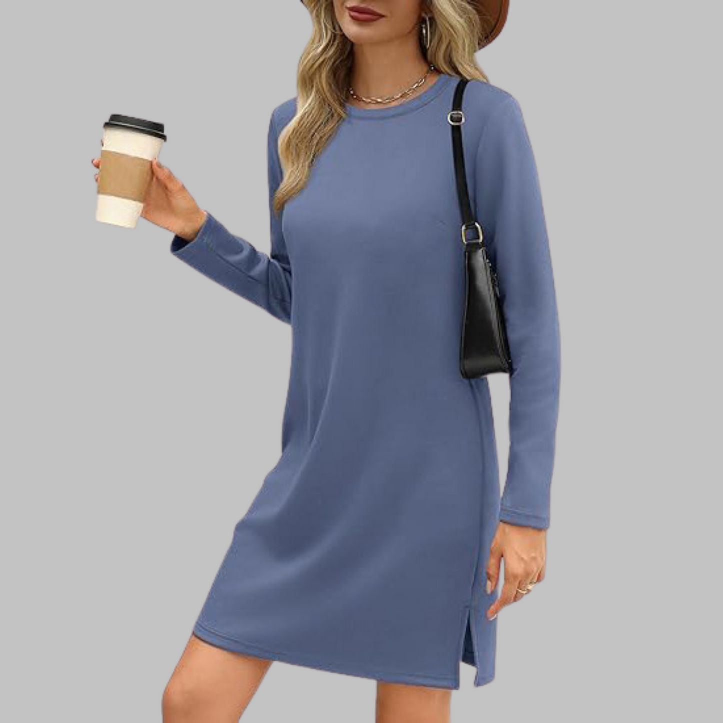 Tiana - Casual Sukienka Mini z Długim Rękawem i Okrągłym Dekoltem