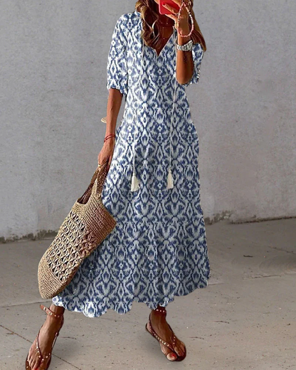 Maxi Sukienka Damska – Boho Print z Detalem Sznurka