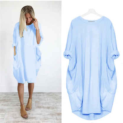 Długa oversize'owa sukienka T-shirt z kieszeniami – Casualowa sukienka damska z podwiniętymi rękawami