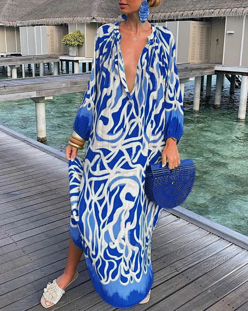 Ariëlle | Elegancka Maxi Sukienka z Retro Wzorem i Dekoltem w Kształcie V dla Pań