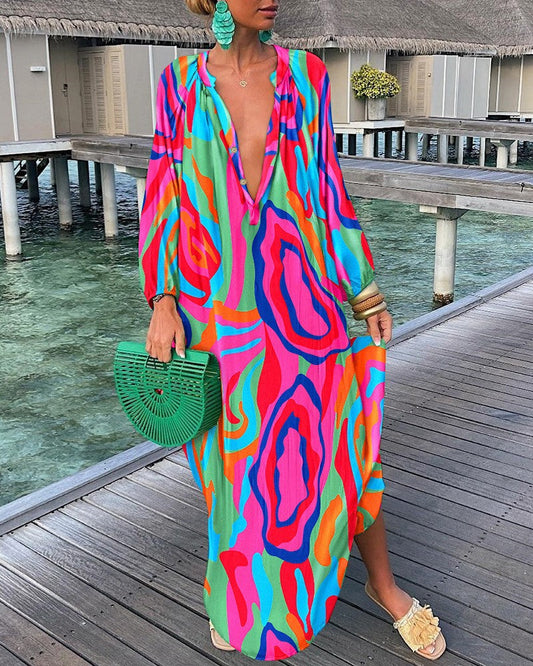 Ariëlle | Elegancka Maxi Sukienka z Retro Wzorem i Dekoltem w Kształcie V dla Pań