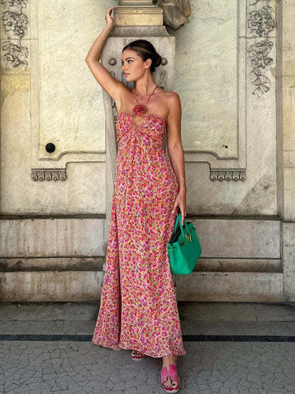 Emine - Boho Kwiatowy Wzór Rozet Dekor Halter Długa Sukienka