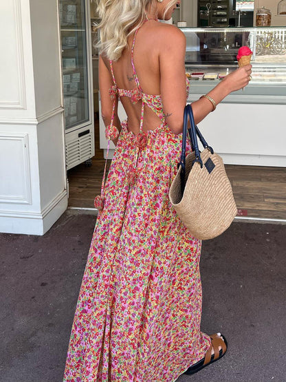Emine - Boho Kwiatowy Wzór Rozet Dekor Halter Długa Sukienka