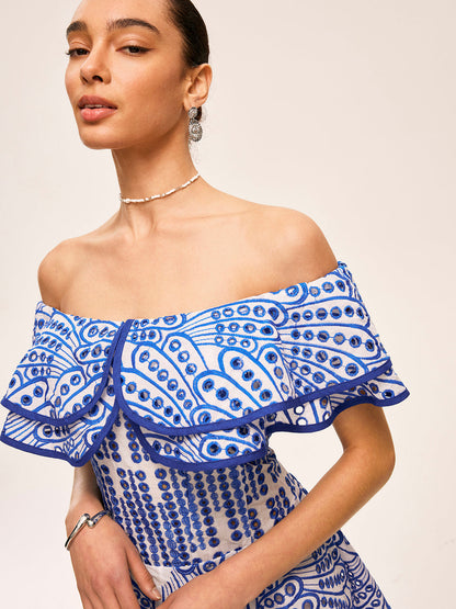 Hanna - Półprzezroczysta sukienka off-shoulder z falbanami