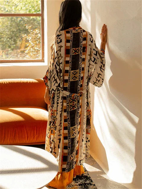 Jiska | Boho drukowana kimono plażowa kurtka