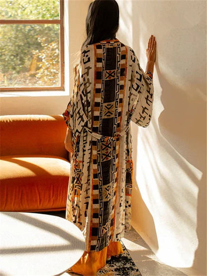 Jiska | Boho drukowana kimono plażowa kurtka