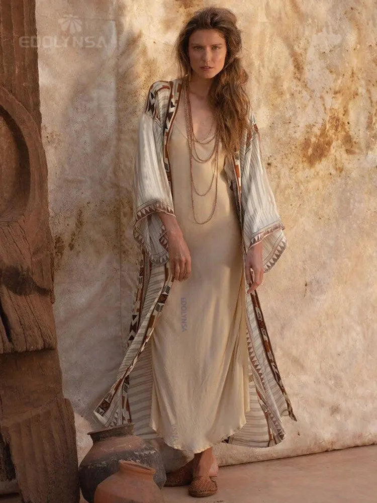 Jiska | Boho drukowana kimono plażowa kurtka