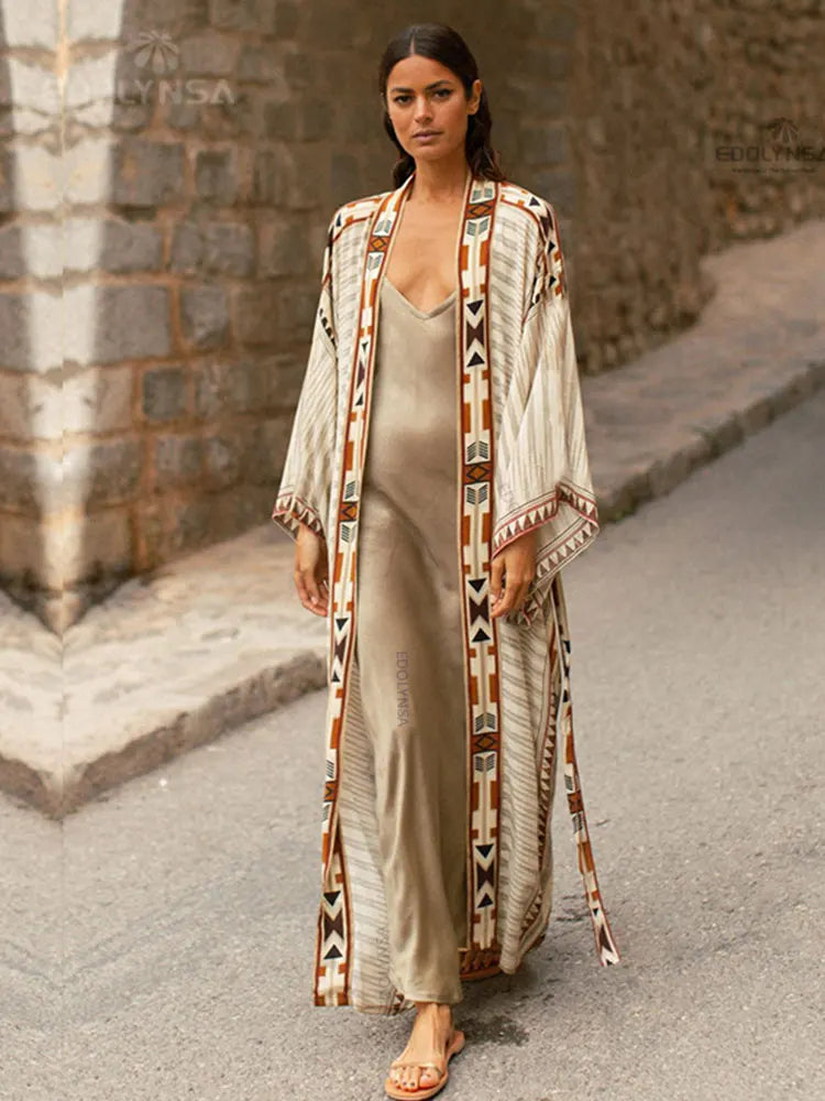 Jiska | Boho drukowana kimono plażowa kurtka