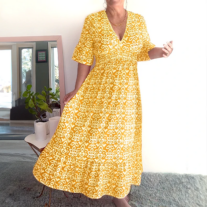 Tamara Boho Casual Print V-Neck Waist Wrap Długa Sukienka
