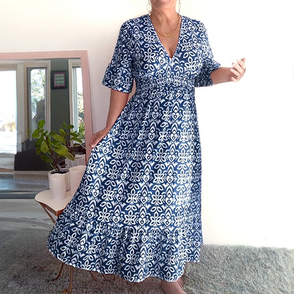 Tamara Boho Casual Print V-Neck Waist Wrap Długa Sukienka