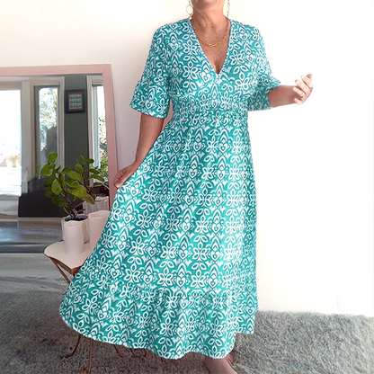 Tamara Boho Casual Print V-Neck Waist Wrap Długa Sukienka