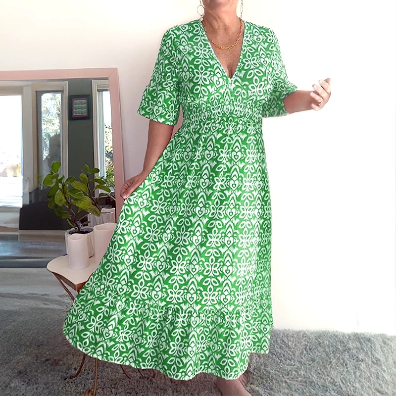 Tamara Boho Casual Print V-Neck Waist Wrap Długa Sukienka