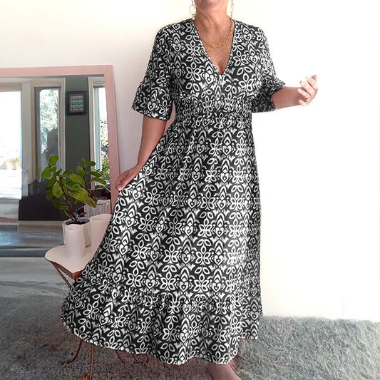 Tamara Boho Casual Print V-Neck Waist Wrap Długa Sukienka