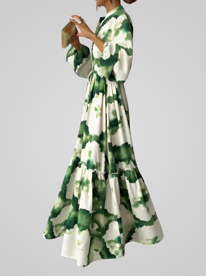 Jade | Boho Zielona Maxi Sukienka z Dekoltem w Szpic na Letnią Elegancję