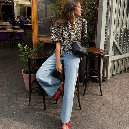 Róża | Modna bluzka z wzorem w panterkę i bufkami