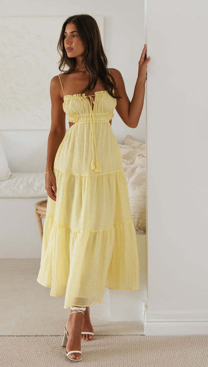 Sukienka bez rękawów z dekoltem w serek w jednolitym kolorze i dużym rozkloszowaniu