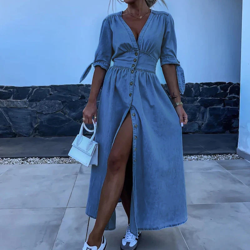 Sukienka maxi z denimu – Model na guziki z wiązanymi rękawami