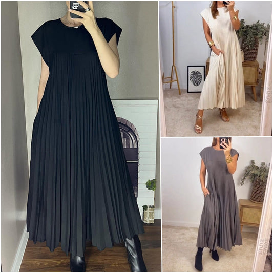 Sukienka bez rękawów, prosta, plisowana, elegancka