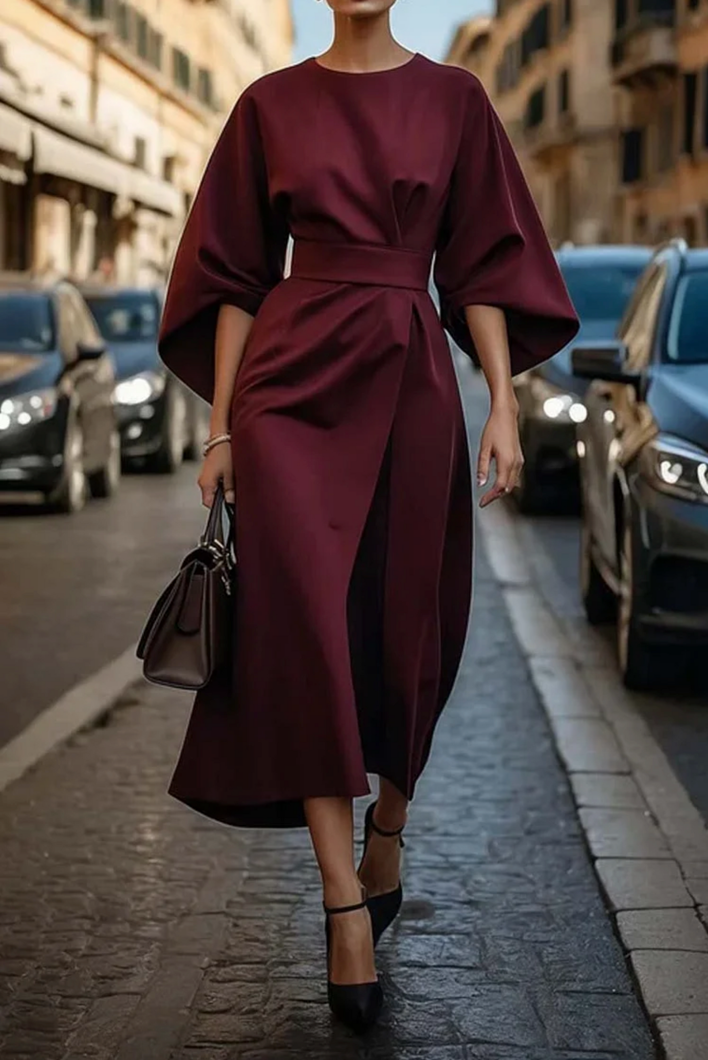Sofia sukienka - ponadczasowa elegancja z rękawami w kształcie latarni i paskiem