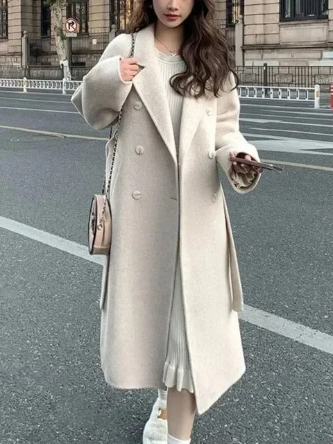 Wełniany płaszcz damski z dwurzędowym zapięciem - Elegancki długi płaszcz zimowy
