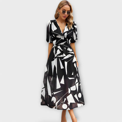 Sukienka Maxi w Stylu Abstrakcyjnym z Bufiastymi Rękawami