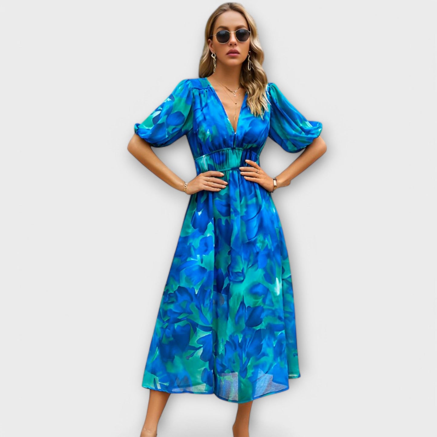 Sukienka Maxi w Stylu Abstrakcyjnym z Bufiastymi Rękawami