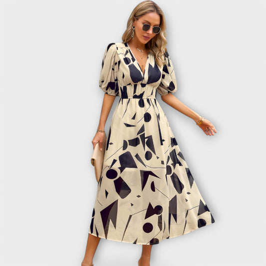 Sukienka Maxi w Stylu Abstrakcyjnym z Bufiastymi Rękawami