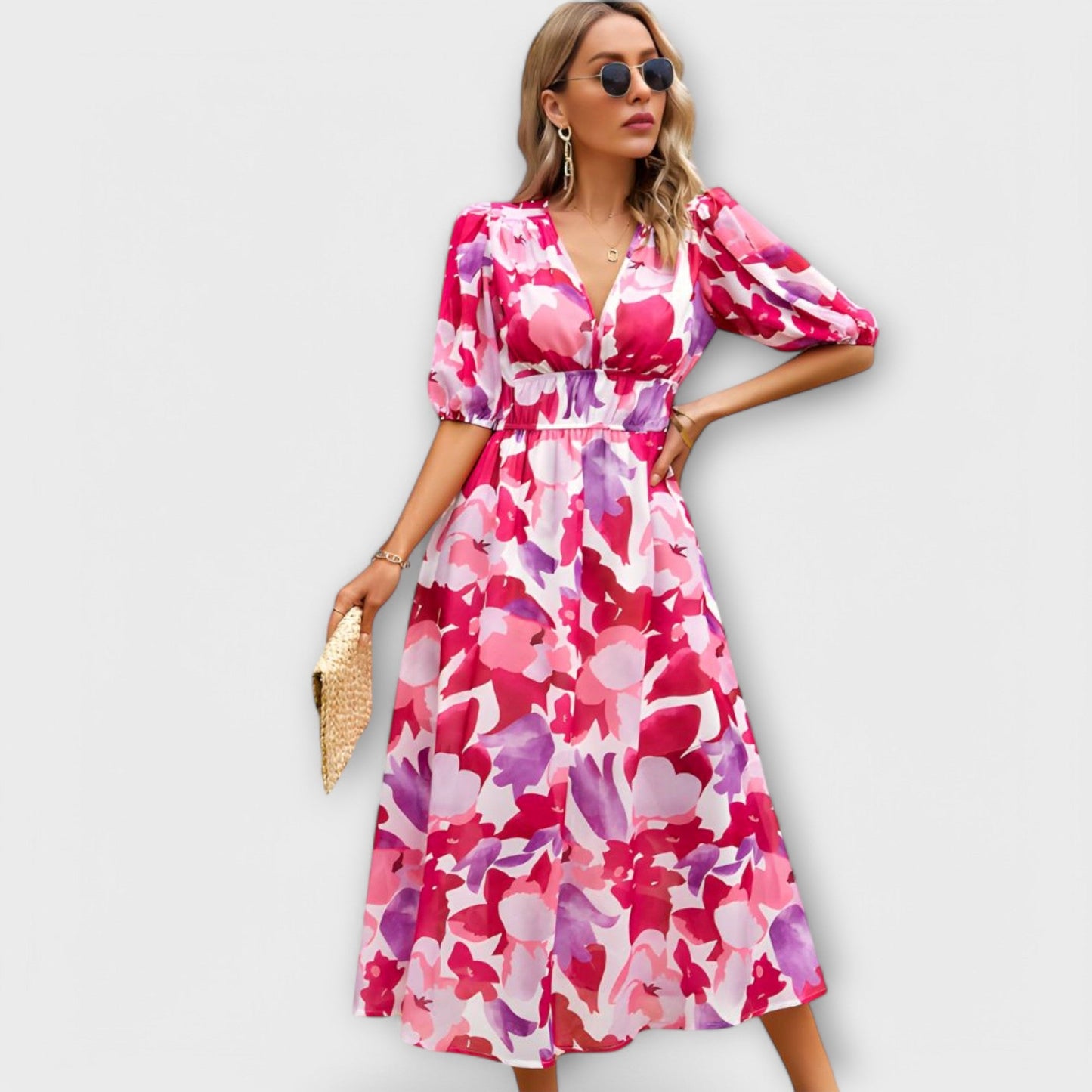 Sukienka Maxi w Stylu Abstrakcyjnym z Bufiastymi Rękawami
