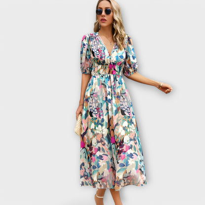 Sukienka Maxi w Stylu Abstrakcyjnym z Bufiastymi Rękawami