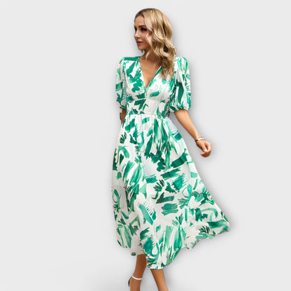 Sukienka Maxi w Stylu Abstrakcyjnym z Bufiastymi Rękawami