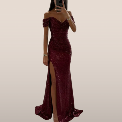 Sukienka Maxi Off Shoulder – Cekiny & Wysoki Rozcięcie