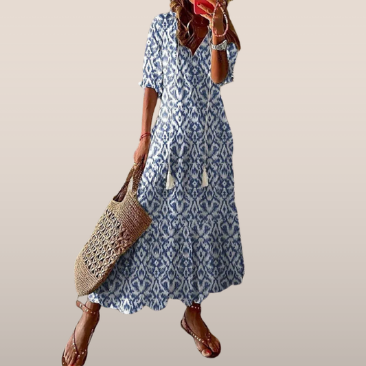 Maxi Sukienka Damska – Boho Print z Detalem Sznurka