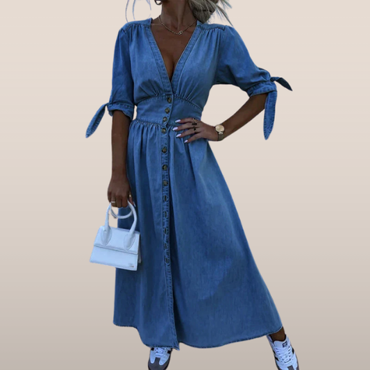 Sukienka maxi z denimu – Model na guziki z wiązanymi rękawami
