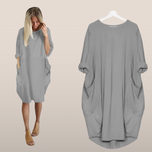 Długa oversize'owa sukienka T-shirt z kieszeniami – Casualowa sukienka damska z podwiniętymi rękawami