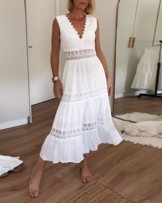 Ninfea | Bezrękawnikowa Sukienka Midi w Stylu Boho z Koronkowymi Detalami