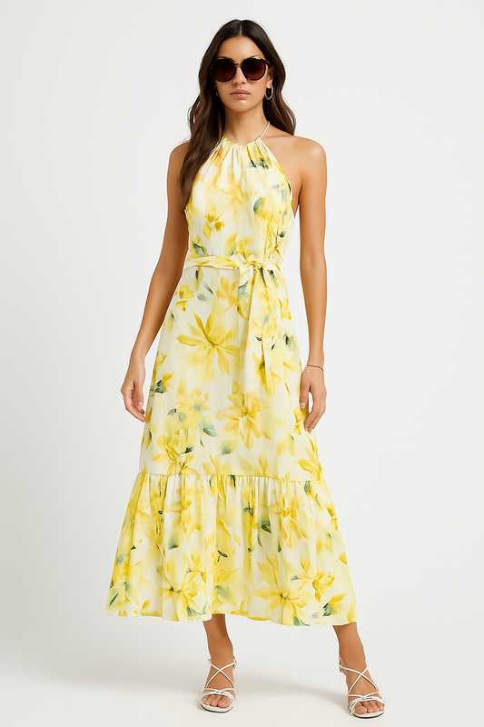 Kobieta Maxi Sukienka – Halter, Gelażowana Spódnica