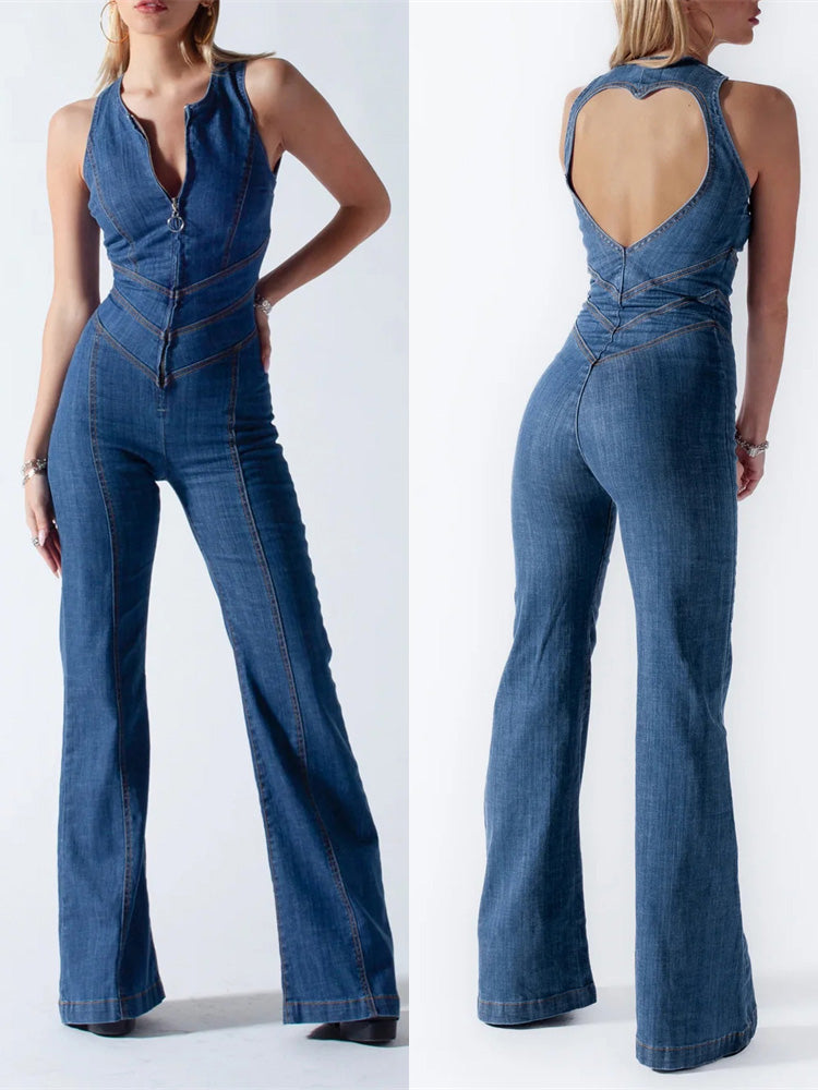 Retro dżinsowy kombinezon z odkrytymi plecami - Modny i stylowy dla vintage akcentu
