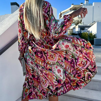 Sukienka z długim rękawem z nadrukiem z dekoltem w serek i rozcięciem dla kobiet