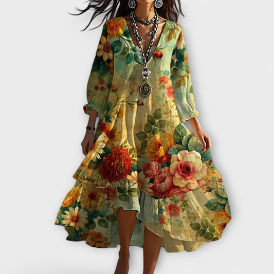 Marlena - Sukienka V-Neck w Stylu Vintage Boho z Kwiatowym Wzorem