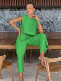Zestaw Léonie - Elegancki, dwuczęściowy letni zestaw lniany dla kobiet (krótki top + spodnie)