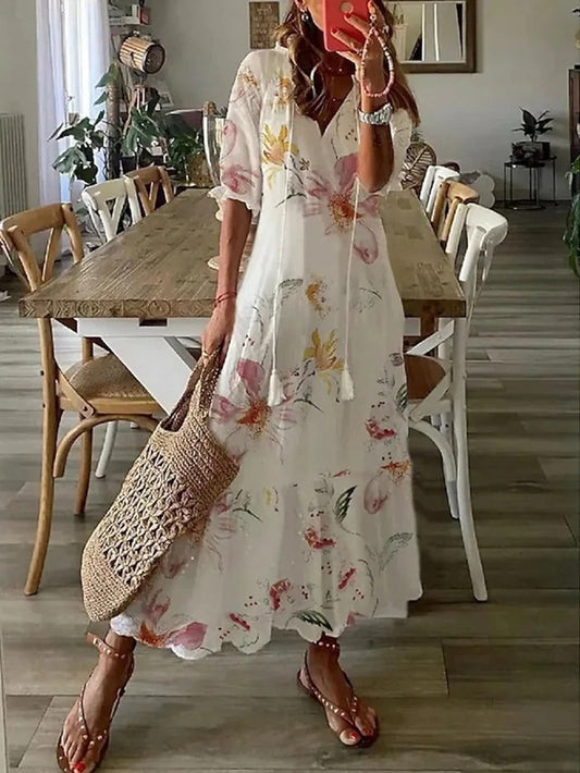 Donna - stylowa letnia sukienka z nadrukiem i półdługimi rękawami
